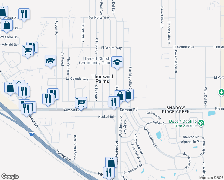 map of restaurants, bars, coffee shops, grocery stores, and more near 31609 Las Flores Way in Thousand Palms