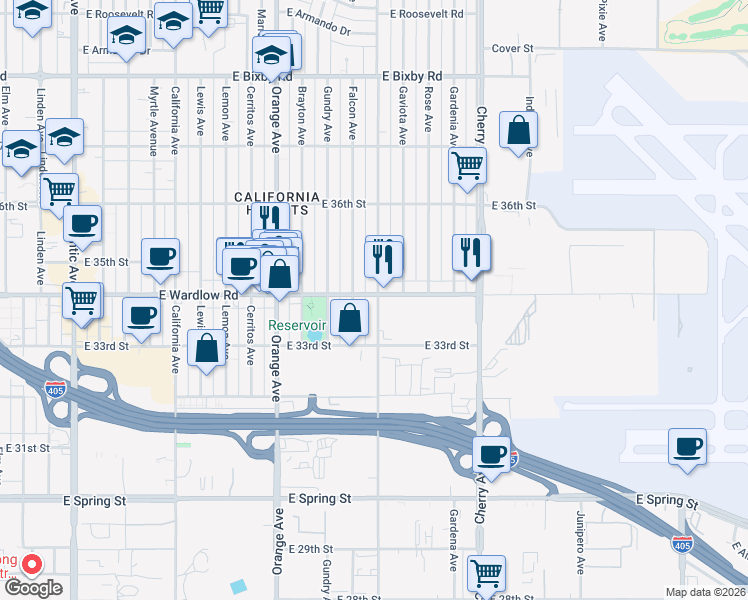 map of restaurants, bars, coffee shops, grocery stores, and more near 1611 East Wardlow Road in Long Beach