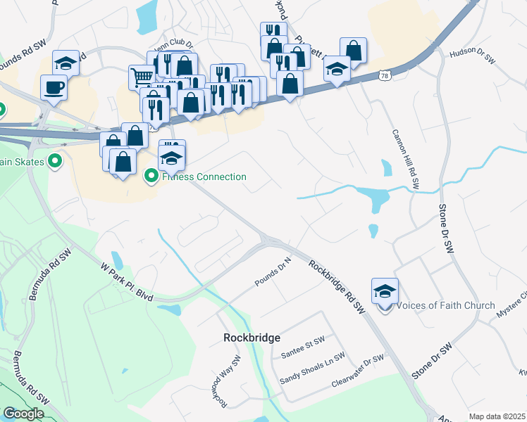 map of restaurants, bars, coffee shops, grocery stores, and more near 2234 Rockbridge Road Southwest in Stone Mountain