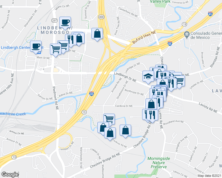 map of restaurants, bars, coffee shops, grocery stores, and more near 2336 Armand Road Northeast in Atlanta