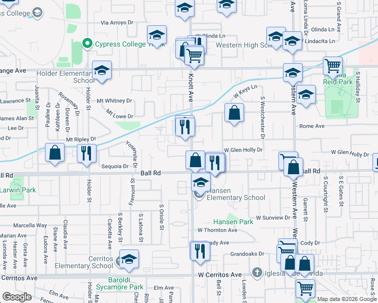 map of restaurants, bars, coffee shops, grocery stores, and more near 909 South Knott Avenue in Anaheim