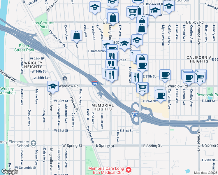 map of restaurants, bars, coffee shops, grocery stores, and more near 3401 Long Beach Boulevard in Long Beach