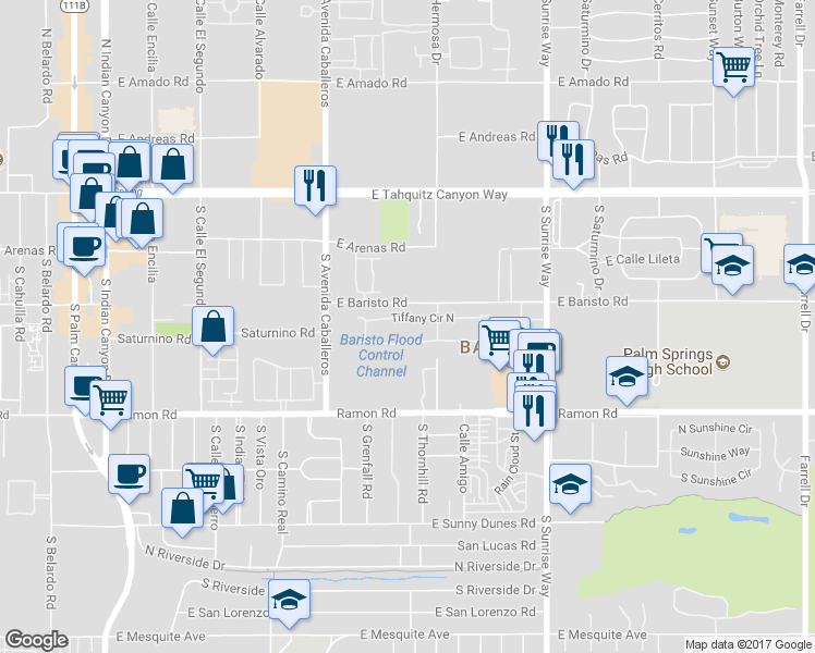 map of restaurants, bars, coffee shops, grocery stores, and more near 1251 Tiffany Circle North in Palm Springs