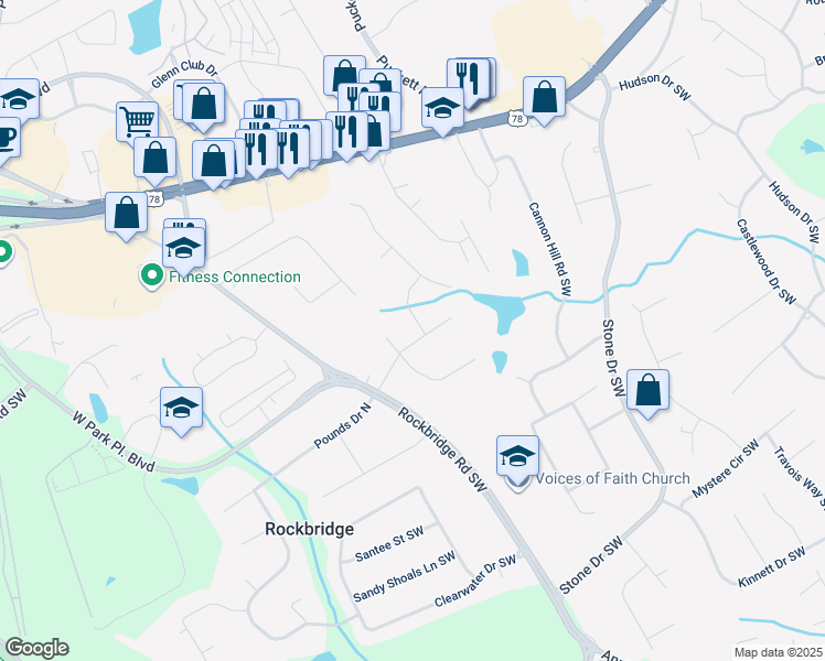 map of restaurants, bars, coffee shops, grocery stores, and more near 5133 Maggie Drive Southwest in Stone Mountain