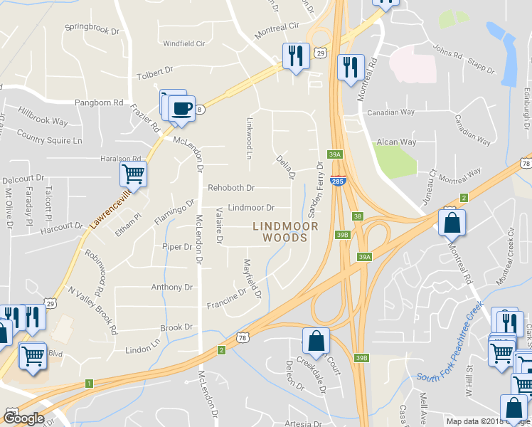 map of restaurants, bars, coffee shops, grocery stores, and more near 3237 Lindmoor Drive in Decatur