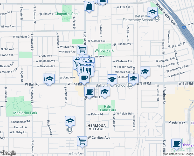 map of restaurants, bars, coffee shops, grocery stores, and more near 938 South Roberts Street in Anaheim