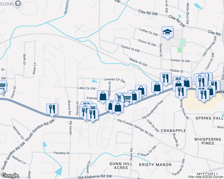 map of restaurants, bars, coffee shops, grocery stores, and more near 5538 Andrew Drive in Mableton