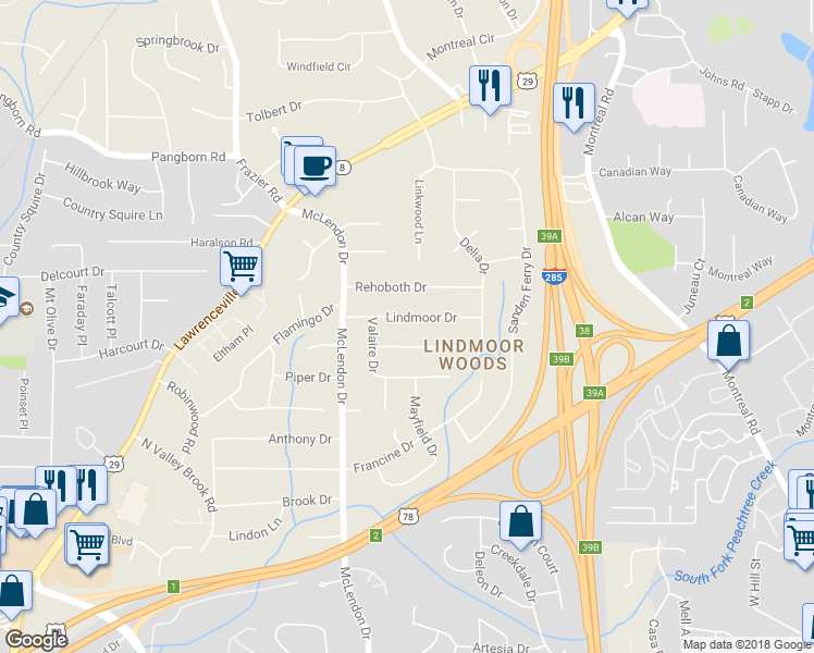 map of restaurants, bars, coffee shops, grocery stores, and more near 3201 Lindmoor Drive in Decatur