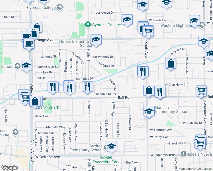 map of restaurants, bars, coffee shops, grocery stores, and more near 6657 Lassen Circle in Buena Park