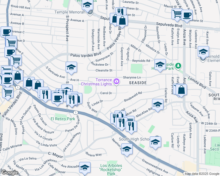 map of restaurants, bars, coffee shops, grocery stores, and more near 5336 Reese Road in Torrance