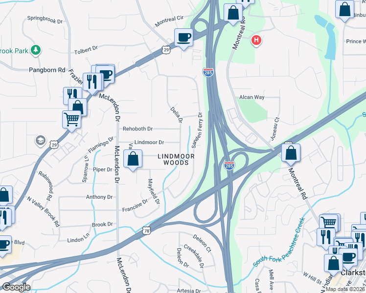 map of restaurants, bars, coffee shops, grocery stores, and more near 1529 Delia Drive in Decatur