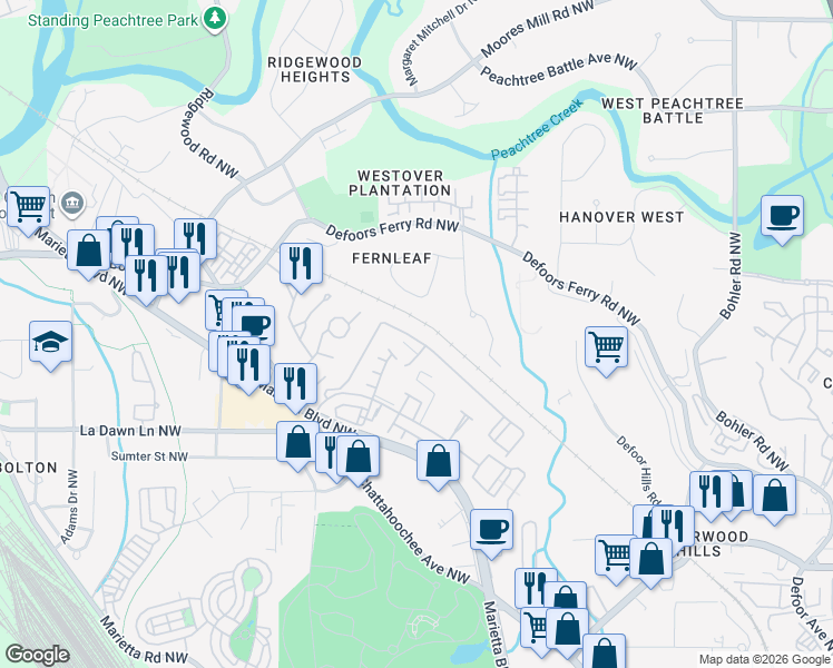 map of restaurants, bars, coffee shops, grocery stores, and more near 1325 Liberty Parkway Northwest in Atlanta
