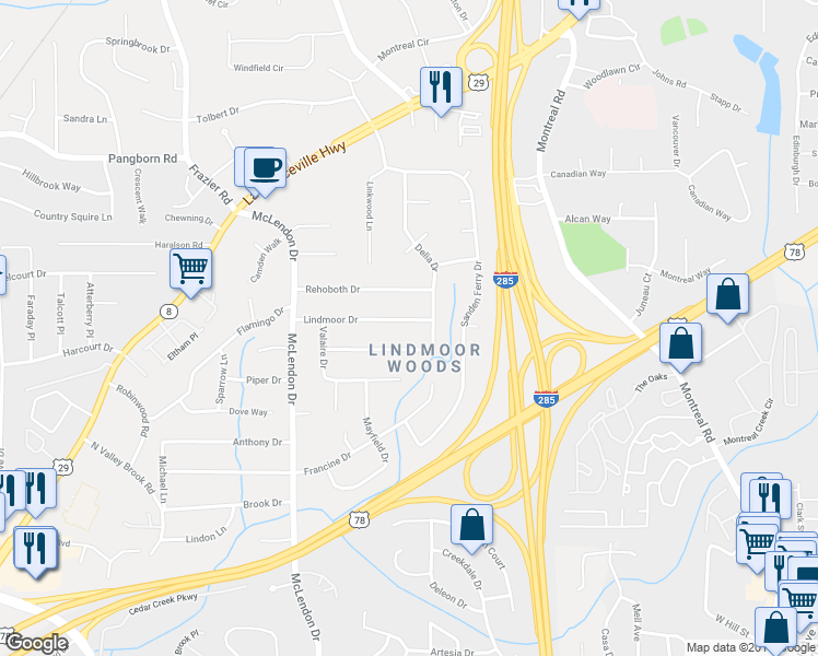 map of restaurants, bars, coffee shops, grocery stores, and more near 3249 Lindmoor Drive in Decatur