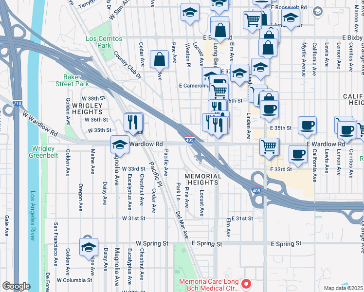map of restaurants, bars, coffee shops, grocery stores, and more near 100 West Wardlow Road in Long Beach