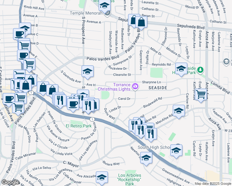 map of restaurants, bars, coffee shops, grocery stores, and more near 23060 Doris Way in Torrance