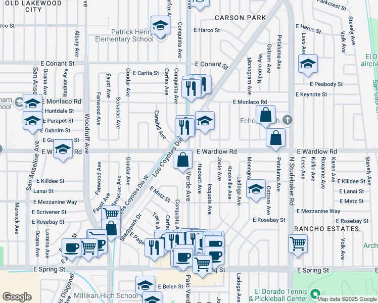 map of restaurants, bars, coffee shops, grocery stores, and more near E Wardlow Rd & Palo Verde Ave in Long Beach