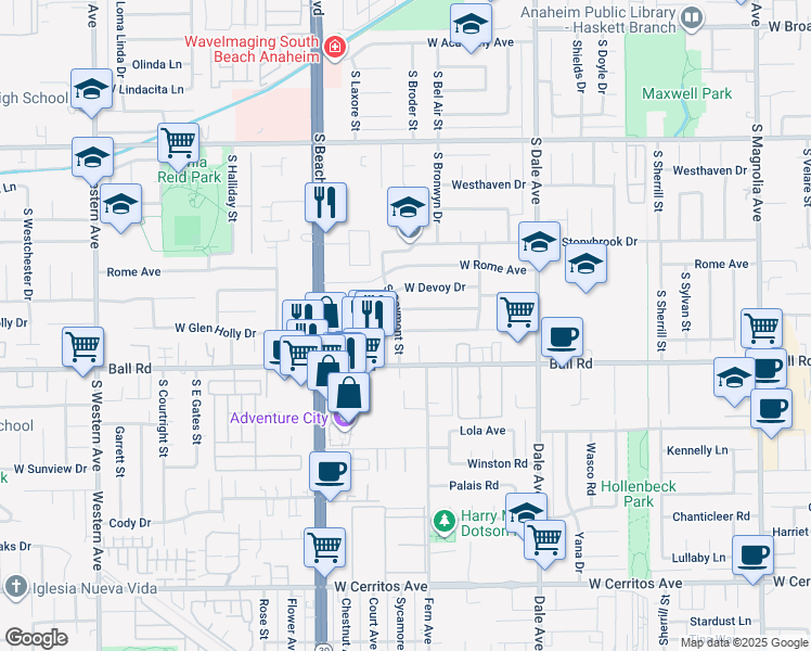 map of restaurants, bars, coffee shops, grocery stores, and more near 2915 West Elmlawn Drive in Anaheim