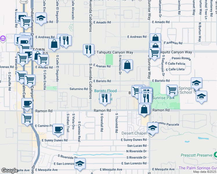 map of restaurants, bars, coffee shops, grocery stores, and more near 1187 Tiffany Circle South in Palm Springs