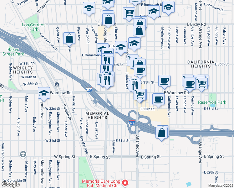 map of restaurants, bars, coffee shops, grocery stores, and more near 3394 Elm Avenue in Long Beach