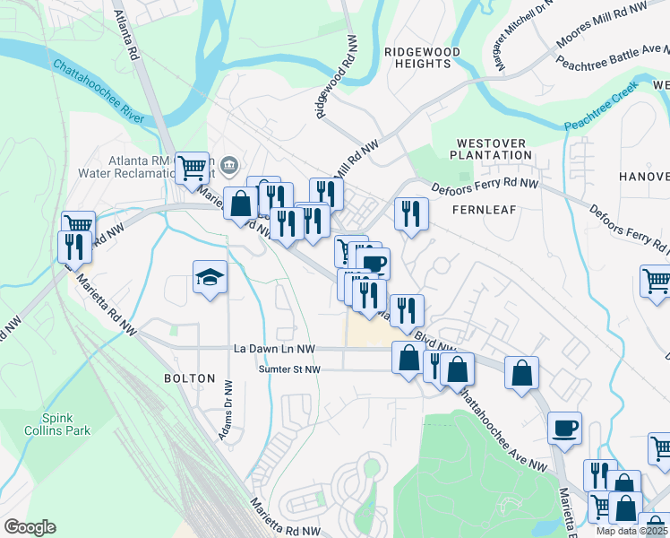 map of restaurants, bars, coffee shops, grocery stores, and more near 2267 Marietta Boulevard Northwest in Atlanta