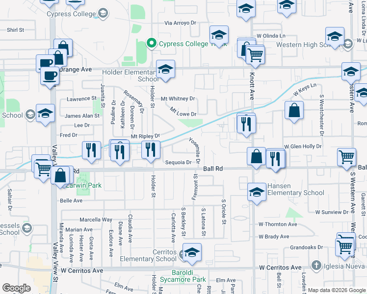 map of restaurants, bars, coffee shops, grocery stores, and more near 6657 Lassen Circle in Buena Park