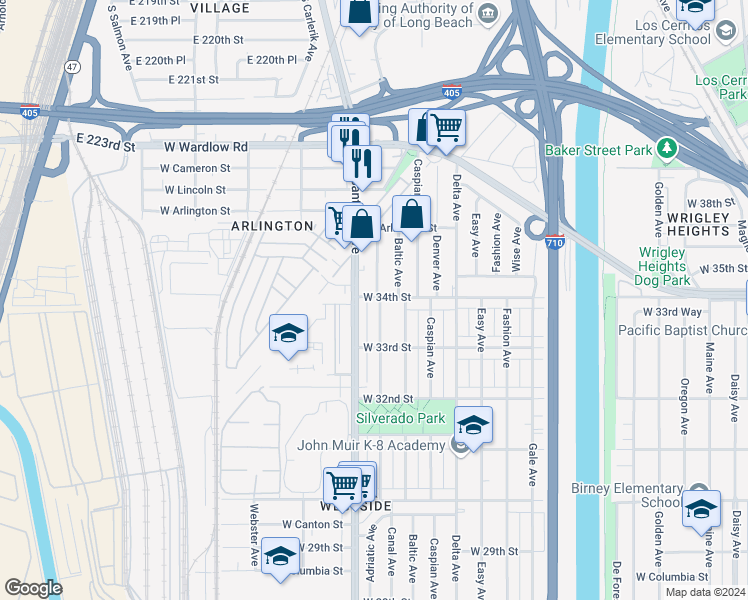 map of restaurants, bars, coffee shops, grocery stores, and more near 3395 Adriatic Avenue in Long Beach