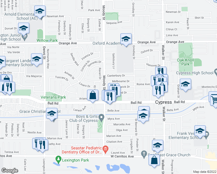 map of restaurants, bars, coffee shops, grocery stores, and more near Brunswick Drive in Cypress