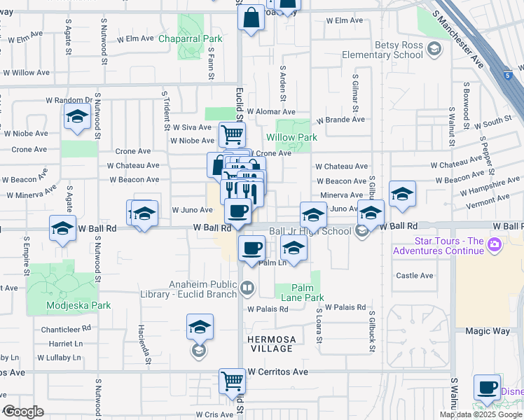 map of restaurants, bars, coffee shops, grocery stores, and more near 937 South Roberts Street in Anaheim