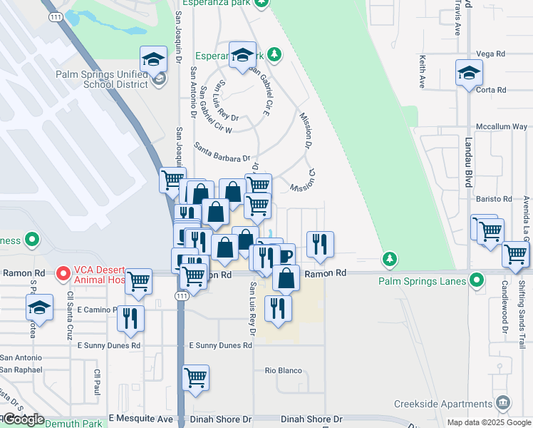 map of restaurants, bars, coffee shops, grocery stores, and more near 31632-31640 San Luis Rey Drive in Cathedral City