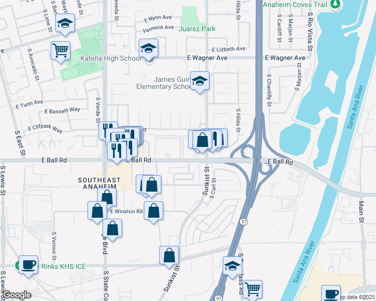 map of restaurants, bars, coffee shops, grocery stores, and more near 2421 East Ball Road in Anaheim