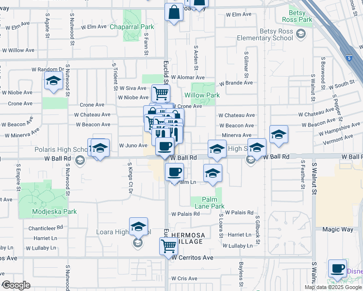 map of restaurants, bars, coffee shops, grocery stores, and more near 922 South Euclid Street in Anaheim