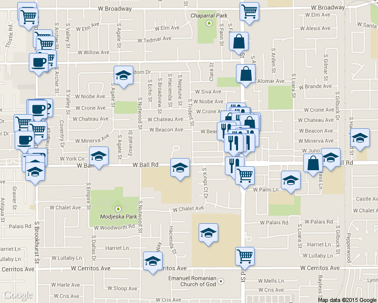 map of restaurants, bars, coffee shops, grocery stores, and more near 916 South Park Circle in Anaheim