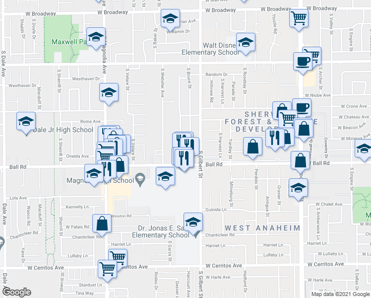 map of restaurants, bars, coffee shops, grocery stores, and more near 920 South Roanne Street in Anaheim