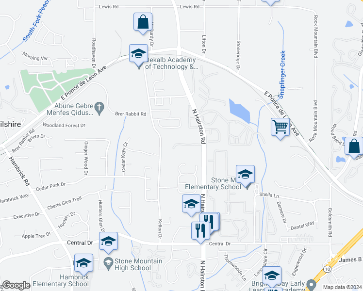map of restaurants, bars, coffee shops, grocery stores, and more near 506 Weatherly Drive in Stone Mountain