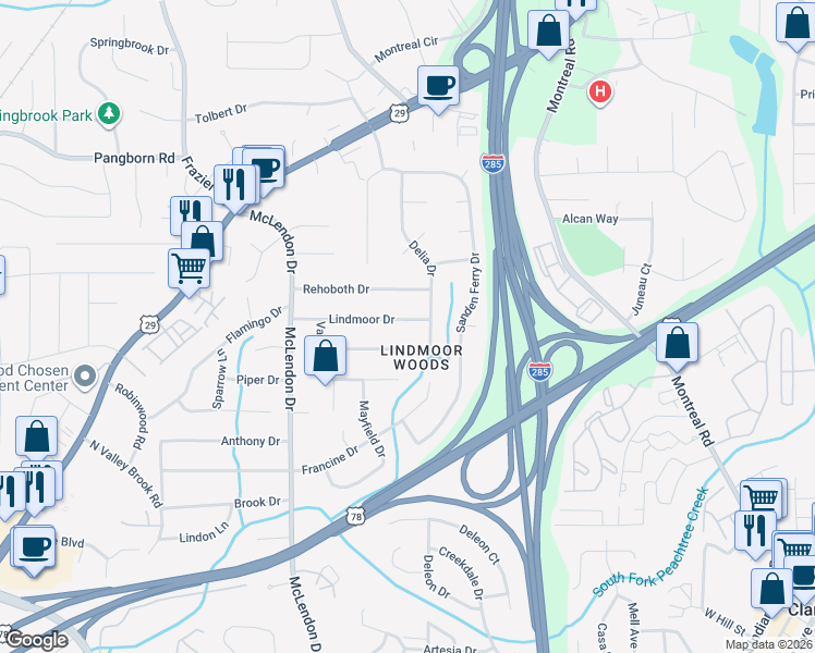map of restaurants, bars, coffee shops, grocery stores, and more near 3249 Lindmoor Drive in Decatur