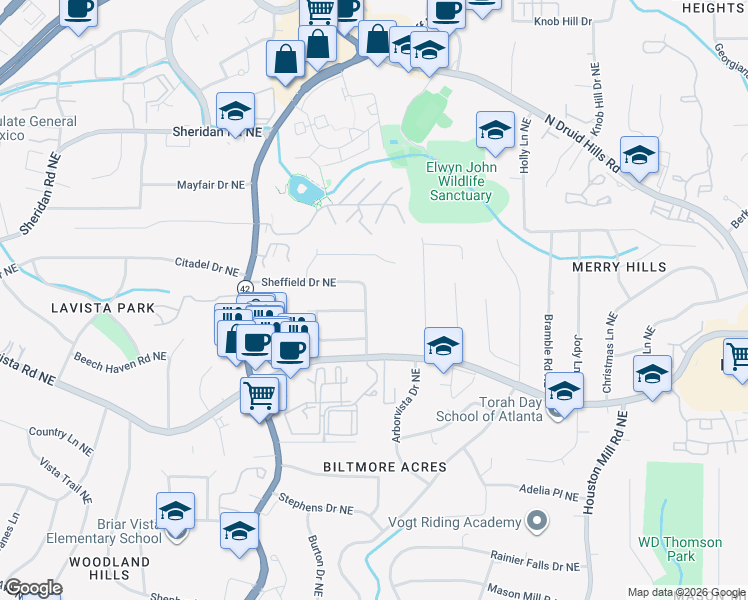 map of restaurants, bars, coffee shops, grocery stores, and more near 1476 Sheffield Drive Northeast in Atlanta