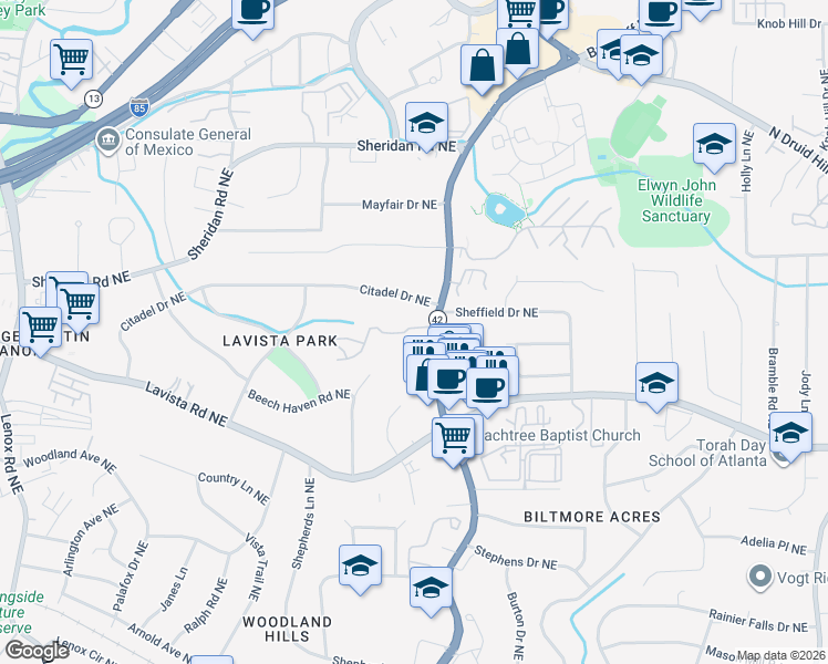 map of restaurants, bars, coffee shops, grocery stores, and more near 1309 Wildcliff Parkway Northeast in Atlanta