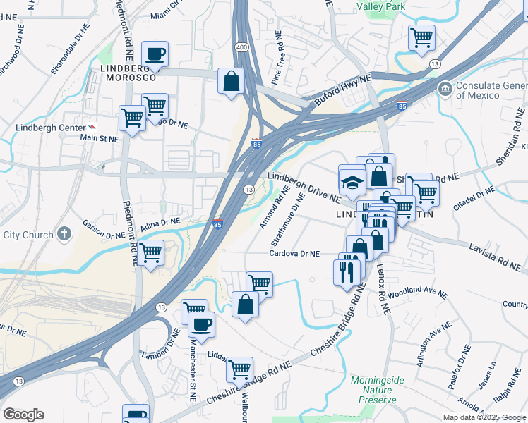map of restaurants, bars, coffee shops, grocery stores, and more near 2336 Armand Road Northeast in Atlanta