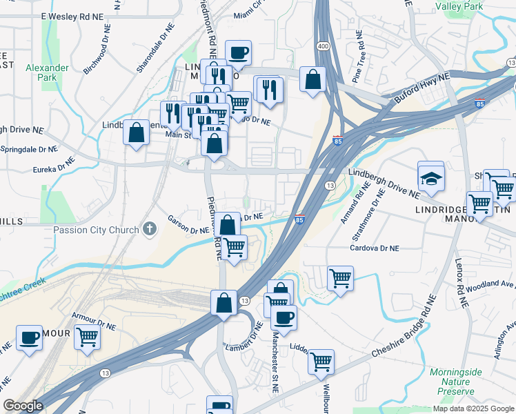 map of restaurants, bars, coffee shops, grocery stores, and more near 745 Fountainhead Lane Northeast in Atlanta