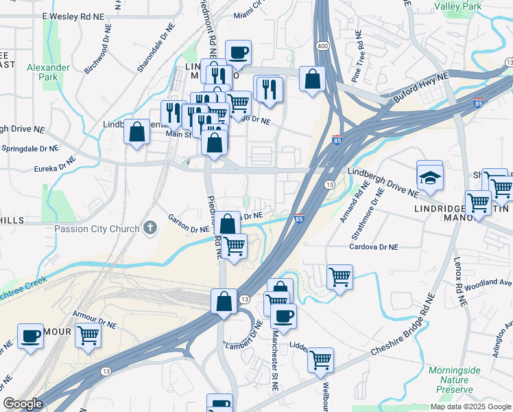 map of restaurants, bars, coffee shops, grocery stores, and more near 745 Fountainhead Lane Northeast in Atlanta