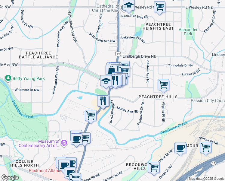 map of restaurants, bars, coffee shops, grocery stores, and more near 2333 Peachtree Road in Atlanta