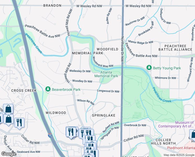 map of restaurants, bars, coffee shops, grocery stores, and more near 728 Wesley Drive Northwest in Atlanta