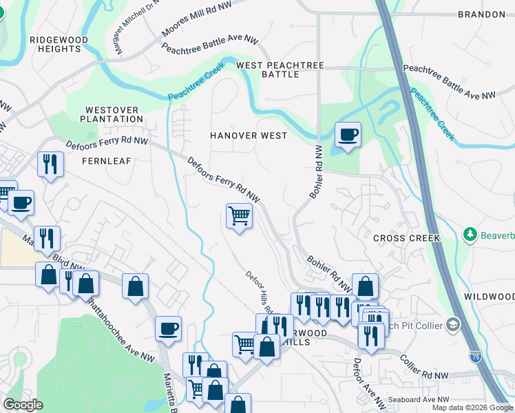 map of restaurants, bars, coffee shops, grocery stores, and more near 2340 Defoors Ferry Road Northwest in Atlanta