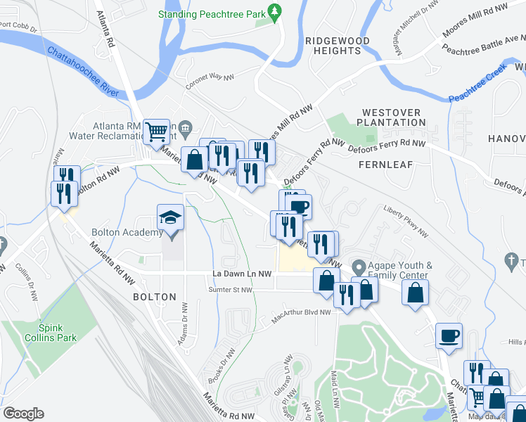 map of restaurants, bars, coffee shops, grocery stores, and more near 2267 Marietta Boulevard Northwest in Atlanta