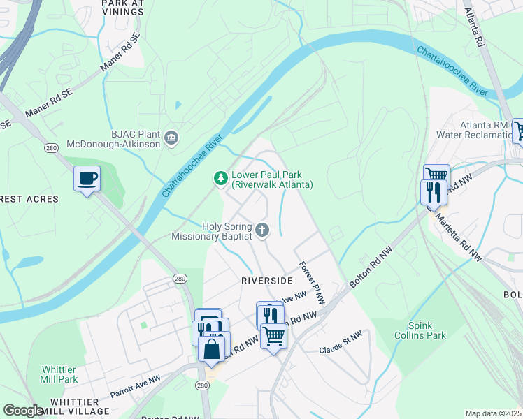 map of restaurants, bars, coffee shops, grocery stores, and more near 2320 Thomas Road Northwest in Atlanta