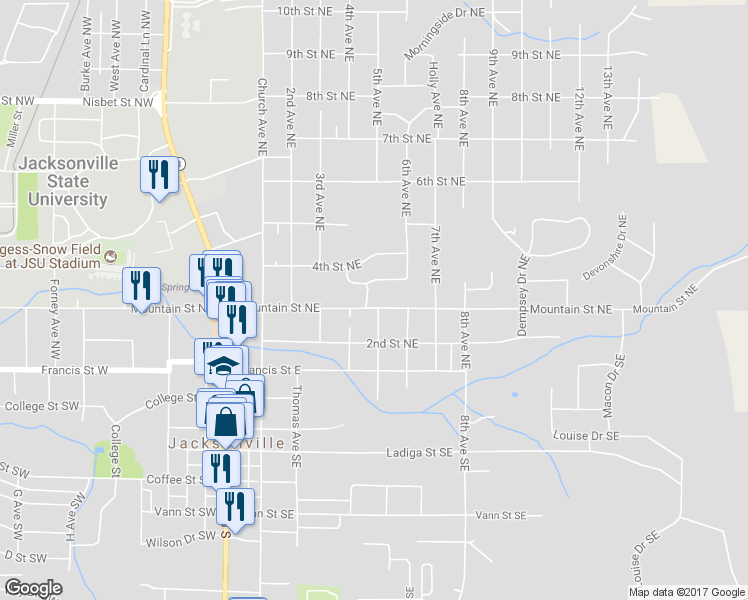map of restaurants, bars, coffee shops, grocery stores, and more near 506 Mountain Street Northeast in Jacksonville