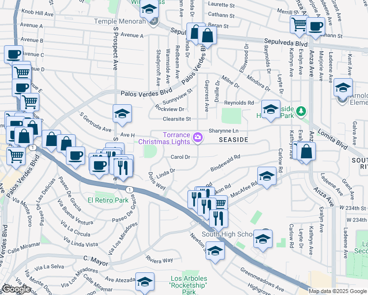 map of restaurants, bars, coffee shops, grocery stores, and more near 5336 Reese Road in Torrance