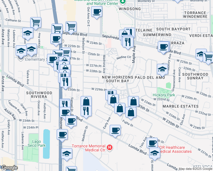 map of restaurants, bars, coffee shops, grocery stores, and more near 22917 Nadine Circle in Torrance