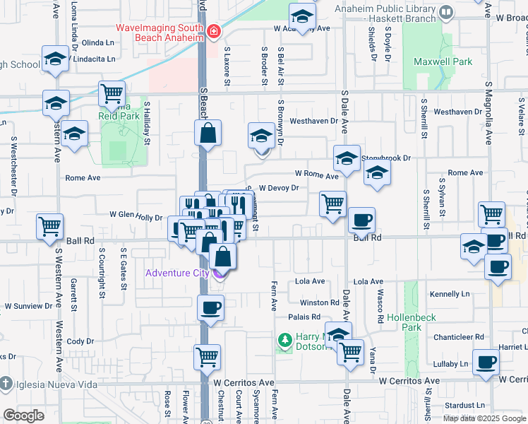 map of restaurants, bars, coffee shops, grocery stores, and more near 2914 West Lynrose Drive in Anaheim