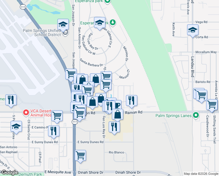 map of restaurants, bars, coffee shops, grocery stores, and more near 31632-31640 San Luis Rey Drive in Cathedral City